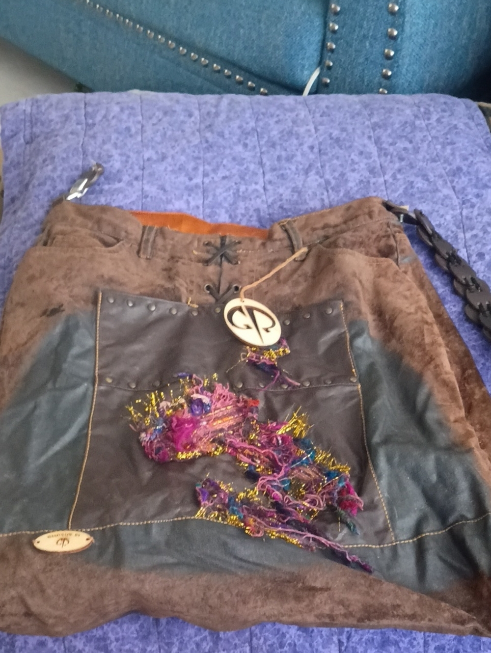 Boho Brown Suede Patchwork Crossbody Purple Accent As Seen In Pic Strap Broken